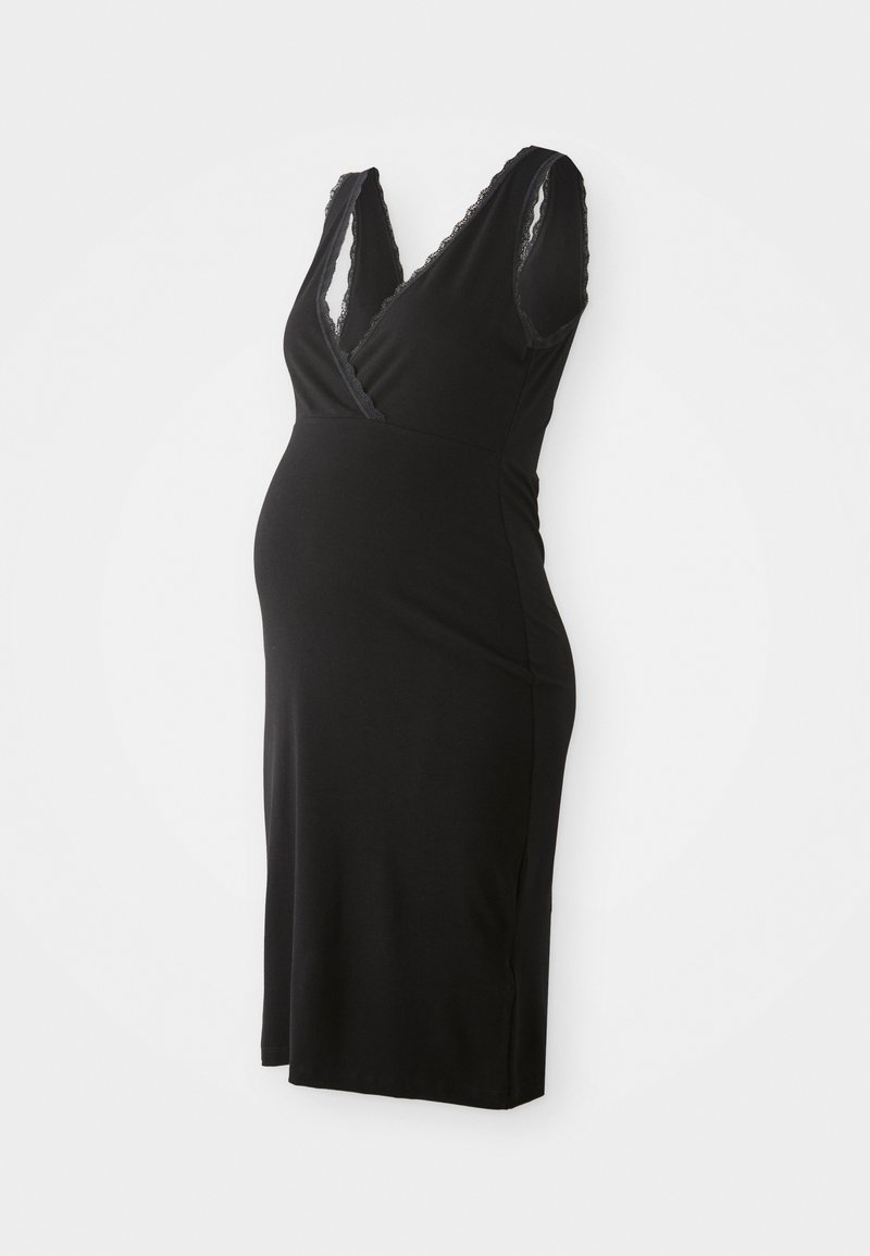 Rochie de maternitate neagră cu design înfășurat, decolteu în V și mâneci scurte. Tesătură moale cu detalii din dantelă pe decolteu și mâneci.