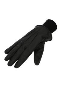 Schwarze Lederhandschuhe mit einem gestrickten Bündchen. Merkmale sind eine enge Passform, vier Nähte auf der Rückseite und eine glatte Textur. Geeignet für kaltes Wetter.