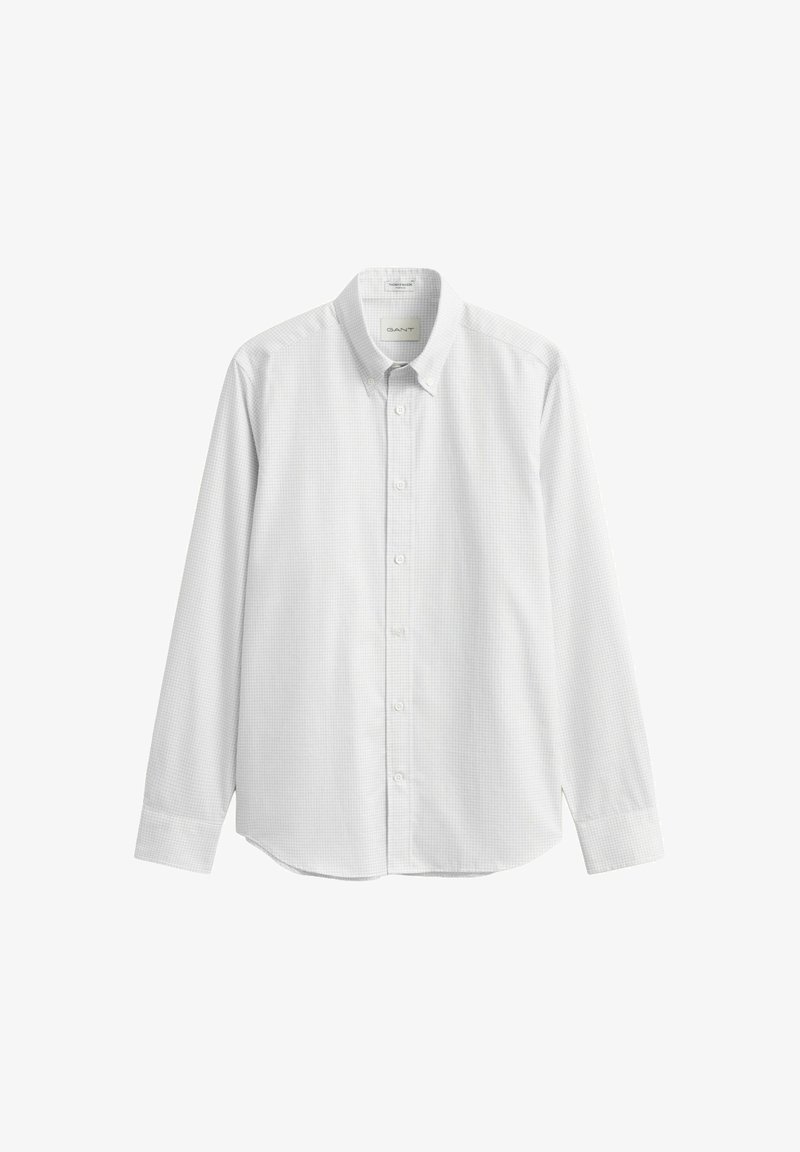 White long-sleeve button-up shirt with a subtle small check pattern, pointed collar, and cuffs, displayed against a plain white background.