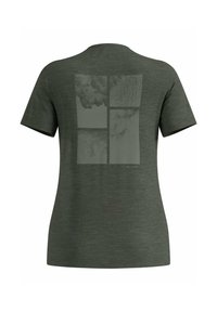 T-shirt vert à manches courtes en tissu doux, avec un design graphique minimaliste en quatre carrés au dos dans une teinte légèrement plus foncée.