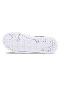 White rubber sneaker sole with textured grip pattern, circular accent, and logo detail; curved edges and slight curvature for foot shape.