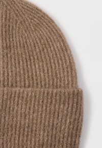 Brown knitted beanie with a ribbed texture and a folded cuff. Made of soft wool with a subtle fuzziness.
