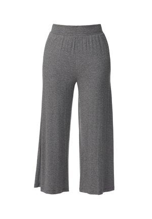 Pantalon gris à jambes larges et coupé au-dessus de la cheville, avec taille élastique, fabriqué en tissu doux et léger pour un port décontracté et confortable.