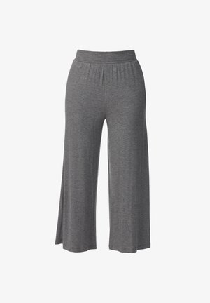 Pantalon gris à jambes larges et coupé au-dessus de la cheville, avec taille élastique, fabriqué en tissu doux et léger pour un port décontracté et confortable.