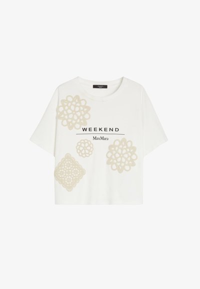 White short-sleeve T-shirt featuring lace-like beige floral patterns and "WEEKEND MaxMara" printed in black across the chest.