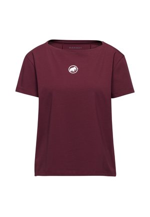 Bordeaux T-shirt met korte mouwen van zachte stof, met een wit mammoetlogo op de borst en een klassieke ronde halslijn.