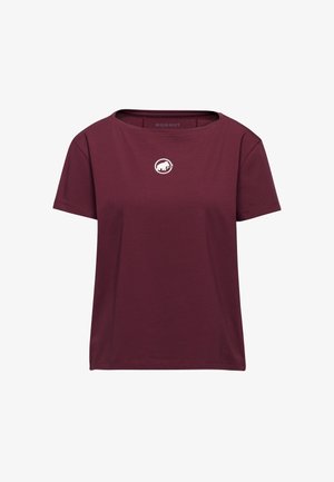 T-shirt bordeaux a maniche corte realizzato in tessuto morbido, con un logo di mammut bianco sul petto e un classico collo rotondo.