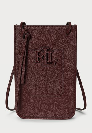 Burgundy leather crossbody bag with textured surface, embossed "RL" logo, top closure, and adjustable strap. Dimensions unspecified.