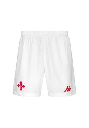 Shorts sportivi bianchi realizzati in tessuto leggero, con un logo rosso a forma di giglio sulla gamba sinistra e un logo rosso Kappa sulla gamba destra.