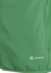 Grüne Sportshorts aus glattem Stoff mit elastischem Bund. Mit einem weißen "AEROREADY"-Logo in der unteren rechten Ecke.