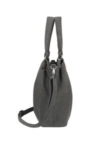 Borsa a mano in tessuto grigio con forma morbida, dotata di due manici superiori, una tracolla regolabile e dettagli in metallo argentato.