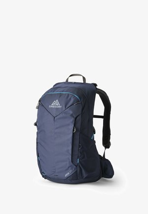 Sac à dos bleu marine avec une finition texturée, doté de bretelles rembourrées ajustables, de compartiments zippés et d'une poignée supérieure pour le transport.