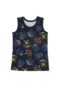 Granatowy bezrękawnik z wzorem kolorowych potworów w odcieniach pomarańczowym, żółtym i białym. Wykonany z miękkiej bawełnianej tkaniny.
