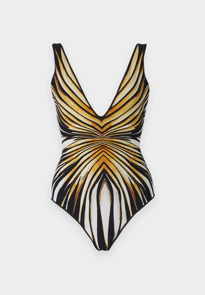 Bañador de una pieza con un diseño de escote en V, con atrevidos patrones en espiral en negro y dorado, y una textura de tela suave y elástica.