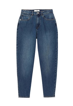 Jean en denim bleu foncé avec une taille haute, coupe droite, style cinq poches et décoloration subtile au niveau des cuisses.
