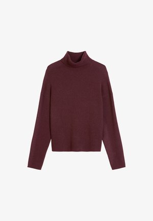 Pull à col roulé bordeaux en maille douce, avec une coupe décontractée, des manches longues et des détails en côtes au niveau de l'ourlet et des poignets.