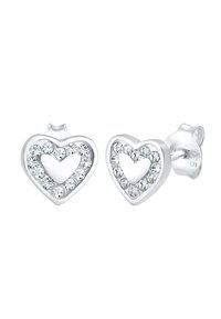 Heart-shaped stud earrings made of silver, featuring a center cut-out and surrounded by clear stones. Solid backing, polished finish.