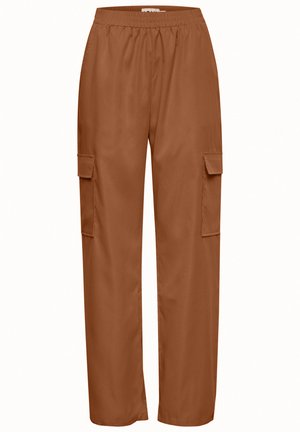 Bronze cargo bukser med en afslappet pasform, elastisk talje og to sidelommer. Glat tekstur, letvægtsstof og ingen synlige mønstre.