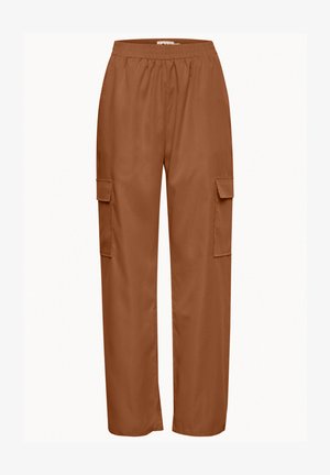 Pantaloni cargo bronzo con vestibilità rilassata, fascia elastica in vita e due tasche laterali. Tessuto liscio, leggero e senza motivi visibili.