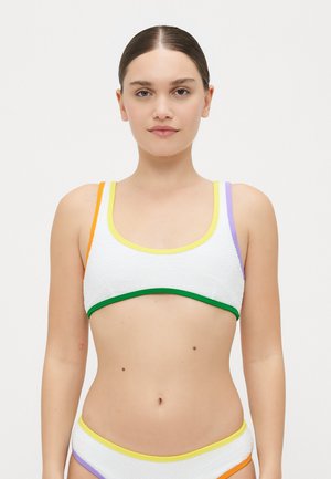 White textured bikini top with multicolored straps: orange, yellow, purple, and green accents. Simple design, moderate coverage.