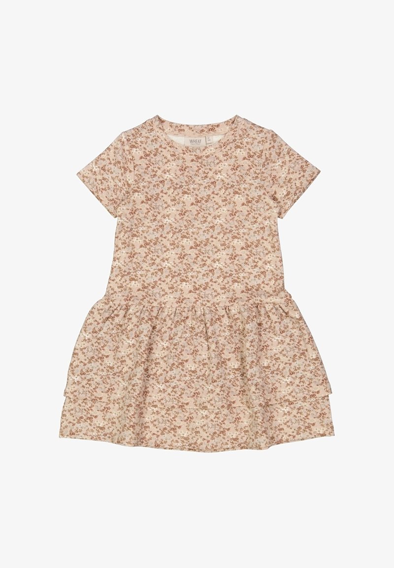 Robe pour tout-petit à manches courtes avec taille froncée, tissu rose clair et petit motif floral marron.