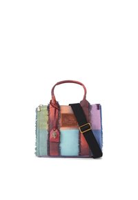Multicolor tote bag van textuurstof, met contrasterende leren accenten en dubbele handvatten. Inclusief een afneembare zwarte schouderband.