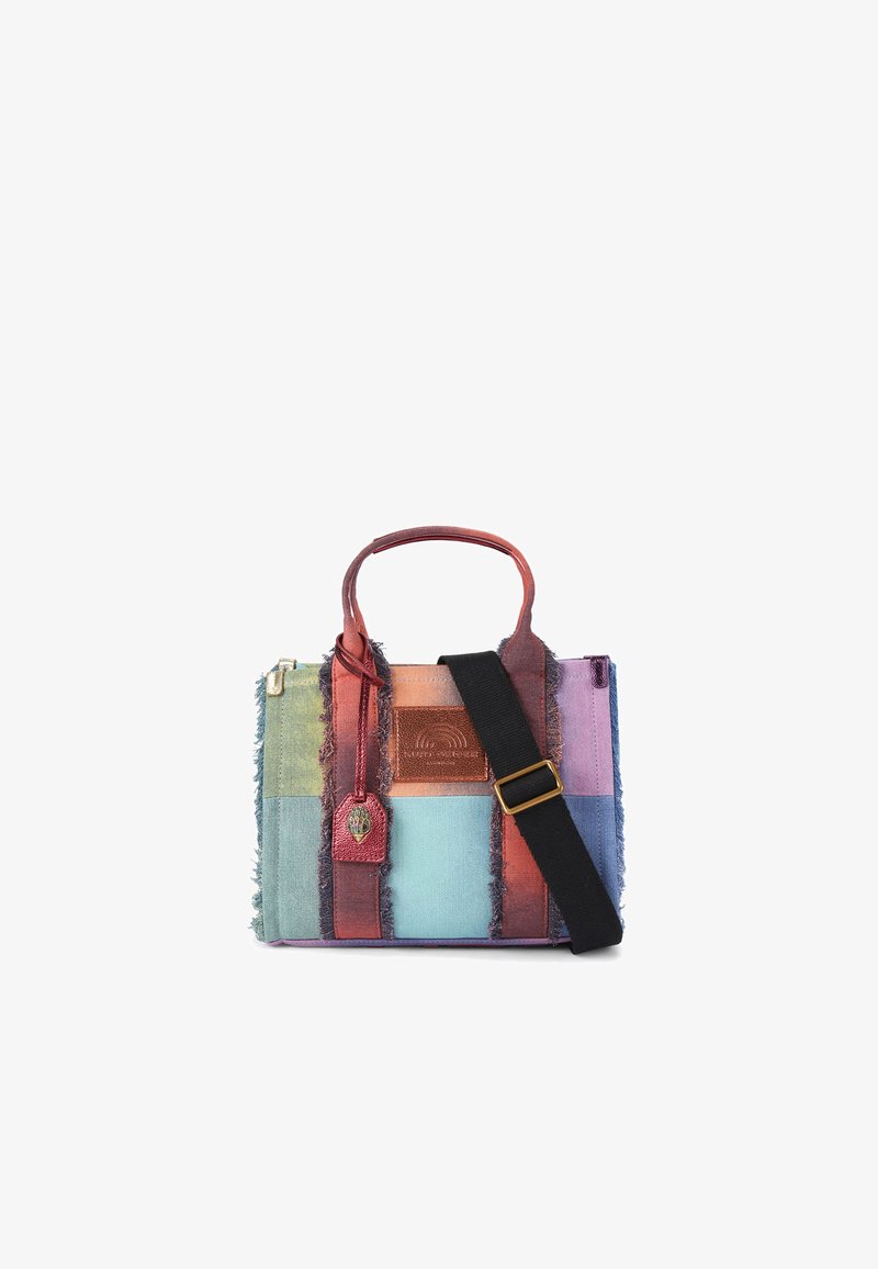 Multicolor tote bag van textuurstof, met contrasterende leren accenten en dubbele handvatten. Inclusief een afneembare zwarte schouderband.