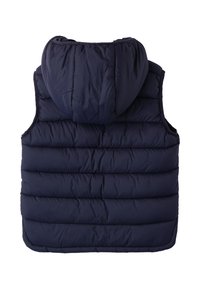 Dunkelblaues gepolstertes Weste mit Kapuze, ausgestattet mit horizontaler Steppung und glatter Textur. Die Rückansicht zeigt keine Verschlüsse oder zusätzliche Details.