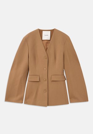 Brown tailored blazer with a v-neckline, six buttons at the front, two flap pockets, and long sleeves made from a smooth fabric.