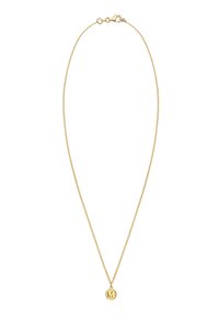 Goldene Halskette mit einer dünnen Kette und einem runden Anhänger, der mit dem eingeprägten Buchstaben "M" verziert ist. Die Kette hat einen Karabinerverschluss.