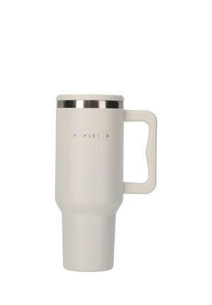 White insulated travel mug with handle and silver lid, featuring the word "AHLECIA" printed on the front.