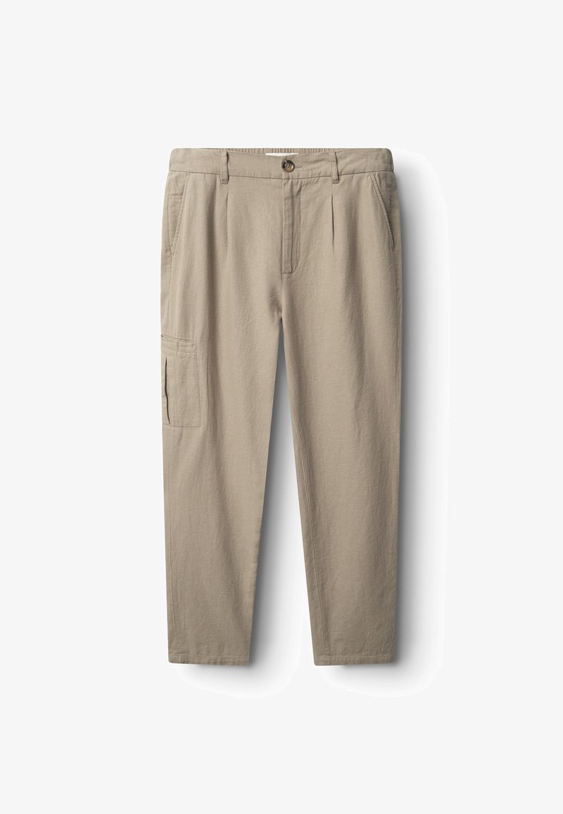 Smėlio spalvos kelnės su kišenėmis, pagamintos iš lengvos medžiagos, turi priekinį užsegimą su sagomis, dvi šonines kišenes ir vieną cargo tipo kišenę kairėje kojoje.