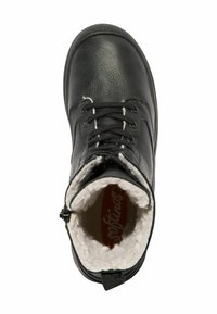 Botín negro con exterior de cuero, forro de piel y suela sólida. Presenta cordones en la parte delantera y cremallera lateral para un acceso fácil.