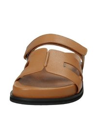 Sandalias sintéticas marrones con dos correas anchas y un separador de dedos. La plantilla es texturizada y la suela tiene un borde negro contrastante.