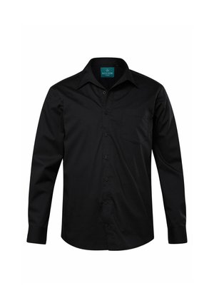 Camisa negra de manga larga hecha de tejido suave. Presenta un collar puntiagudo, botones en el frente, un bolsillo en el pecho y un dobladillo ligeramente curvado.