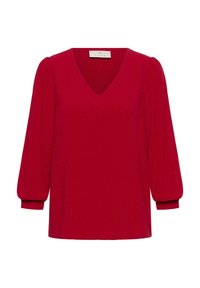 Rood gebreid top met een V-hals, driekwart pofmouwen en een gestructureerde afwerking. Rechte zoom en elastische manchetten maken het ontwerp compleet.