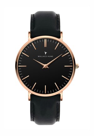 Montre-bracelet minimaliste avec un cadran noir, un boîtier en or rose, des index horaires en or rose et un bracelet en cuir noir affichant 10h10.