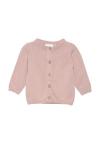 Helle rosa Strickjacke mit langen Ärmeln, Rundhalsausschnitt und fünf beigen Knöpfen vorne. Weicher Stoff mit gerippterKante.