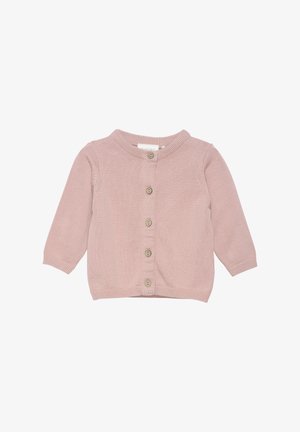 Lichtroze gebreide trui met lange mouwen, ronde halslijn en vijf beige knopen aan de voorkant. Zachte textuur met ribbelafwerking.