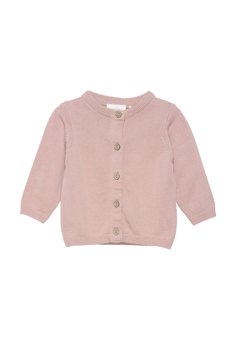 Helle rosa Strickjacke mit langen Ärmeln, Rundhalsausschnitt und fünf beigen Knöpfen vorne. Weicher Stoff mit gerippterKante.