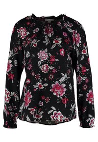 Blouse noire à manches longues avec un motif floral en rose et blanc. Encolure et poignets smockés avec un tissu léger et texturé.