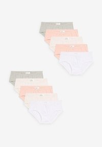 Confezione da dieci paia di lingerie femminile in vari colori pastello: grigio, rosa, crema e bianco. Ognuno presenta un tessuto morbido e un esclusivo dettaglio con un fiocco.