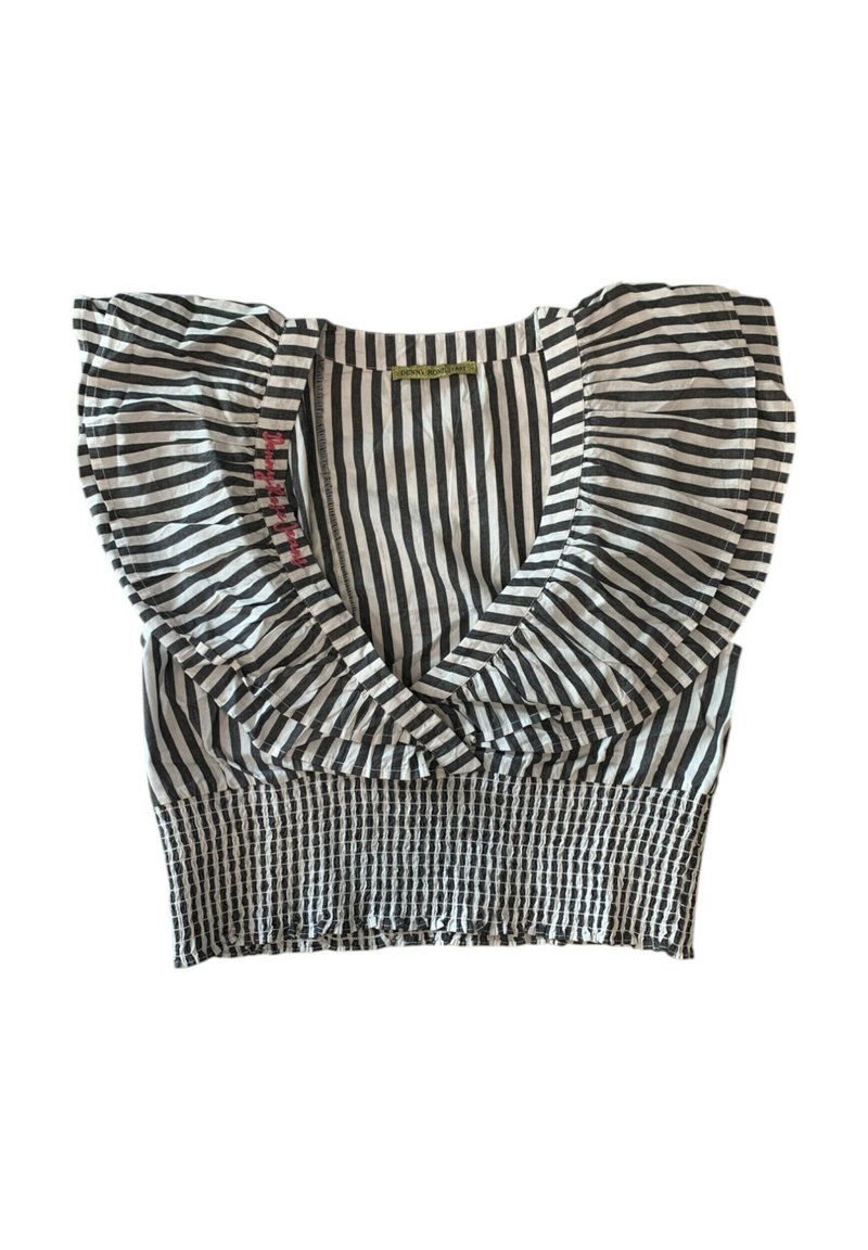 Top corto a righe bianco e nero con scollatura a V profonda, maniche a campana arricciate e arricciatura al punto vita per un effetto testurizzato.