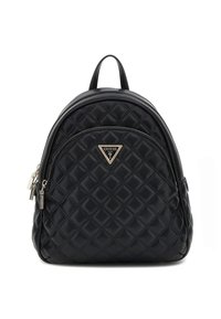 Zaino in ecopelle trapuntata nera con forma arrotondata, hardware argentato e un accento di logo triangolare. Presenta una maniglia superiore e doppie zip.