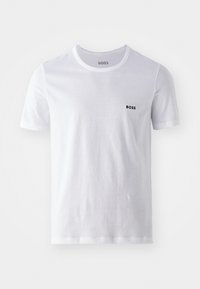 T-shirt blanc à manches courtes en coton, avec un col rond et un petit logo noir "BOSS" sur la poitrine gauche. Texture lisse.