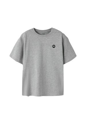 Light grey short-sleeve crew neck t-shirt with a small black circular logo on the left chest, plain design.