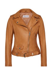 Bruine leren motorjack met een notch-kraag, ritssluiting aan de voorkant en een taille met riem, voorzien van drukknop-accenten en twee zijzakken.