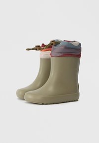 Kindermaten olijfgroene rubberen regenlaarzen met meerkleurige stoffen manchetten en verstelbare trekkoorden.