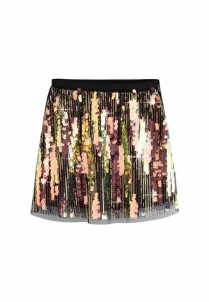 Pailletten-Minirock mit schwarzem Bündchen, mehrfarbigen glänzenden Pailletten in Pink, Gold und Grün, mit geradem Schnitt und geschichteter Optik.