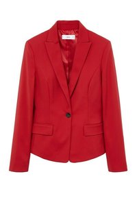 Punainen muototakkia, jossa on kapeat läppäkaulukset, yksi musta nappisuljenta, kaksi etuflappitaskua ja pitkät hihat.